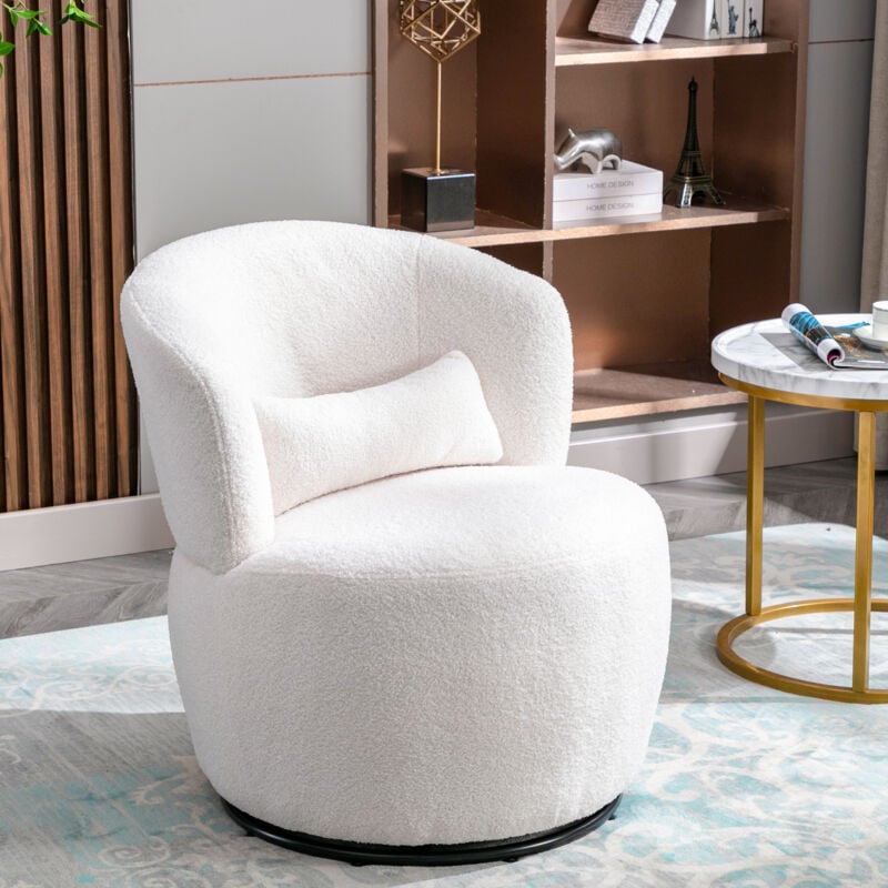 foto del prodotto poltrona girevole con base girevole in metallo, peluche con cuscino lombare, colore bianco, portata 100 kg