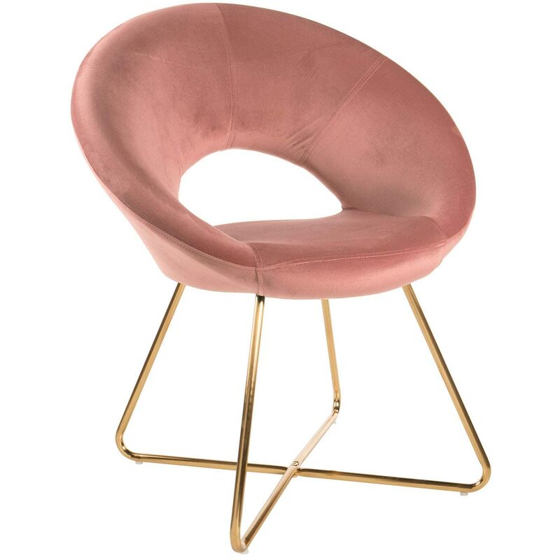 foto del prodotto poltrona imbottita circolare bibi moon in velluto rosa cipria con gambe in ferro dorato, poltrona da ufficio o da pranzo e seduta ergonomica 71x59x84