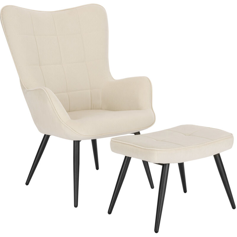 foto del prodotto poltrona imbottita con pouf poggiapiedi sedia poltroncina relax in velluto crema woltu