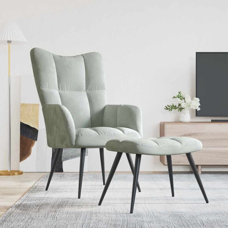 foto del prodotto poltrona imbottita in velluto design moderno poggiapiedi vari colori colore grigio chiaro