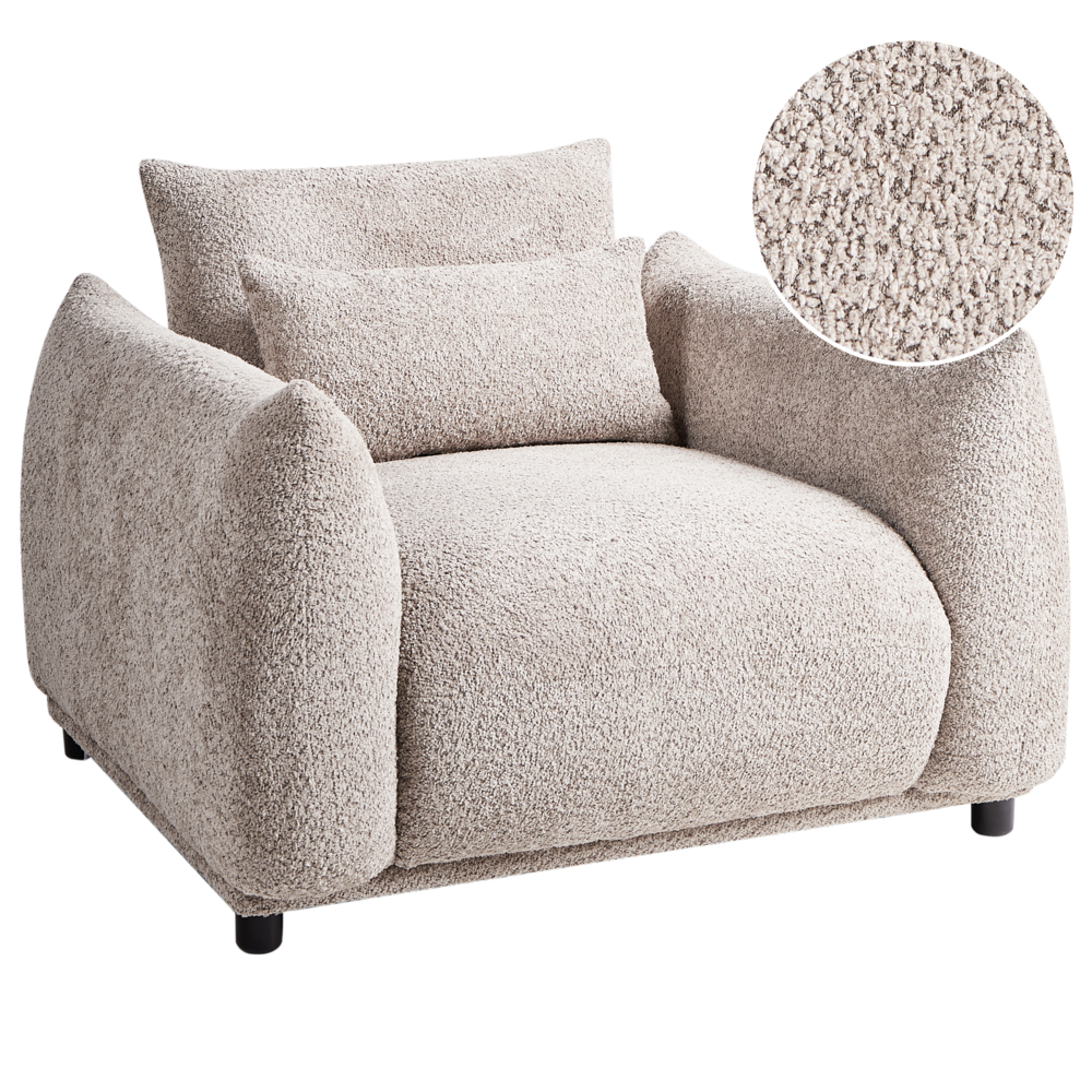 foto del prodotto poltrona in tessuto boucl beige e gambe nere schienale curvo stile retro glam art decor