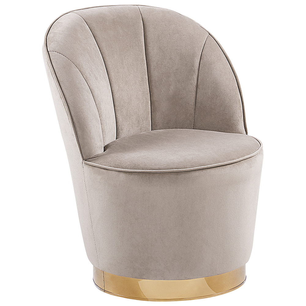 foto del prodotto poltrona in velluto beige gambe in metallo forma rotonda aspetto moderno alby