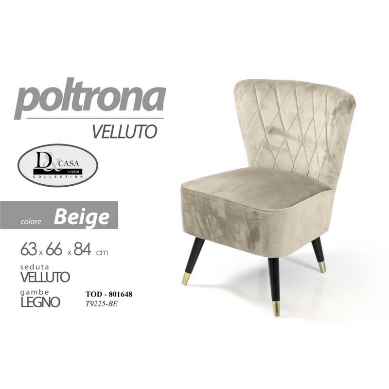 foto del prodotto poltrona in velluto con gambe nere 63,5 x 66 x 84 cm cm colore beige