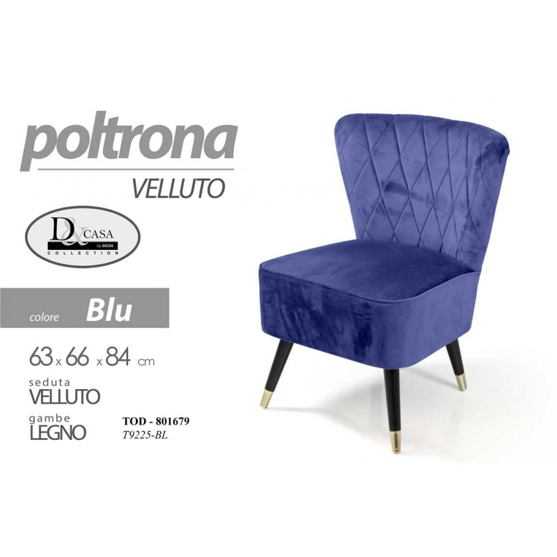 foto del prodotto poltrona in velluto con gambe nere 63,5 x 66 x 84 cm cm colore blu
