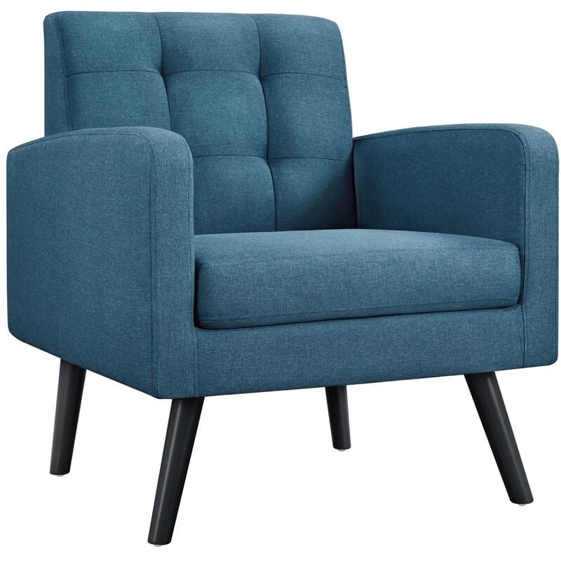 foto del prodotto poltrona lounge da salotto imbottita con braccioli e schienale gambe in legno stile moderno da lettura riposo lavoro bar blu tessuto yaheetech