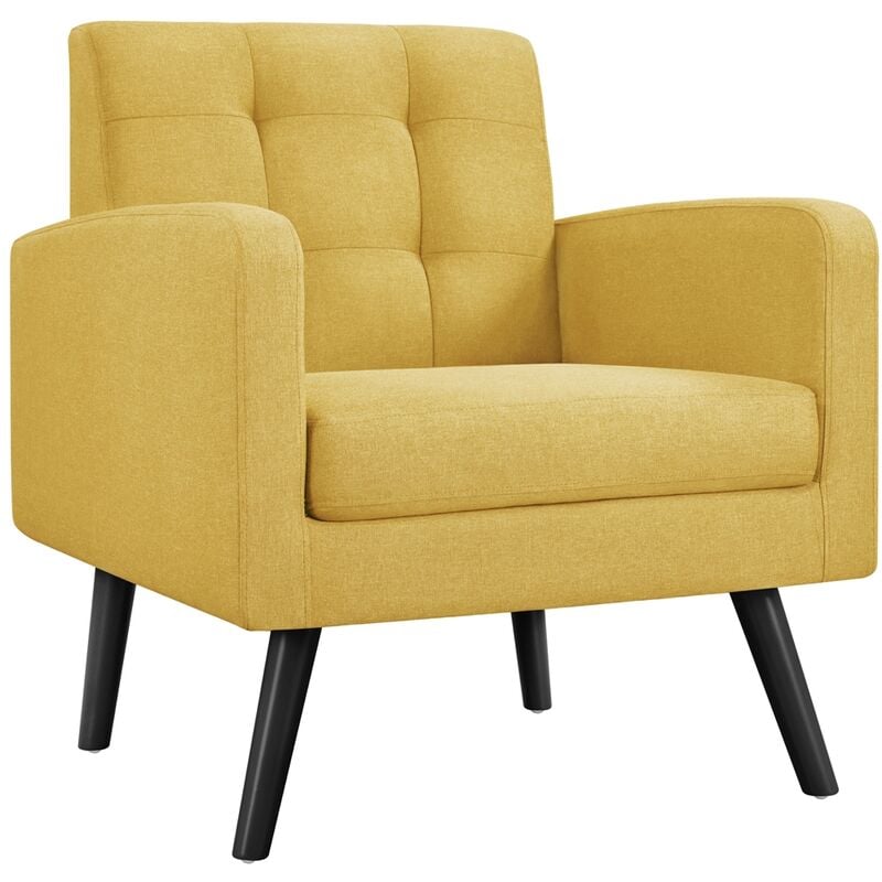 foto del prodotto poltrona lounge da salotto imbottita con braccioli e schienale gambe in legno stile moderno da lettura riposo lavoro bar giallo tessuto yaheetech