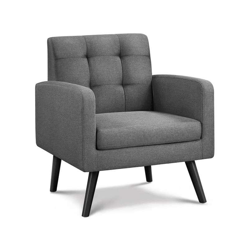 foto del prodotto poltrona lounge da salotto imbottita con braccioli e schienale gambe in legno stile moderno da lettura riposo lavoro bar grigio scuro tessuto