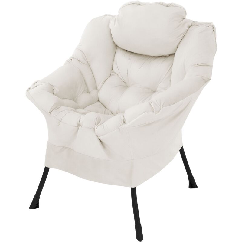 foto del prodotto poltrona lounge in poliestere crema con imbottitura, braccioli e tasca laterale, seduta ergonomica per relax e lettura con cuscino per testa