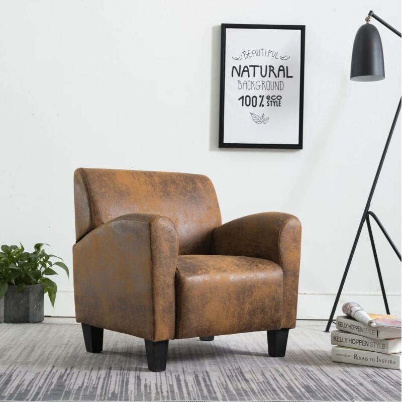 foto del prodotto poltrona marrone in similpelle scamosciata design unico con angoli smussati