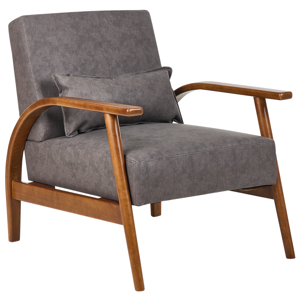 foto del prodotto poltrona marrone scuro in ecopelle con gambe in legno, braccioli e cuscino retro classico soggiorno tradizionale