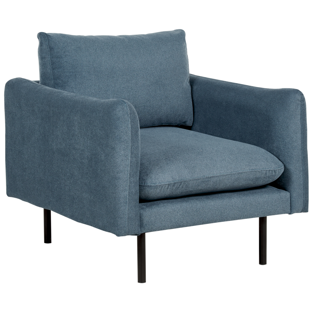 foto del prodotto poltrona moderna in tessuto di ciniglia blu con gambe nere stile retr moderno