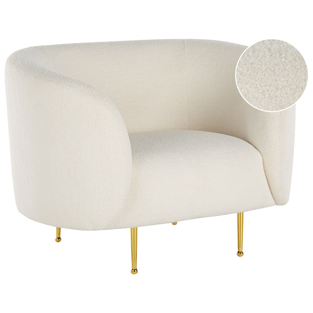 foto del prodotto poltrona morbida in poliestere di colore bianco con gambe dorate stile glamour retr soggiorno