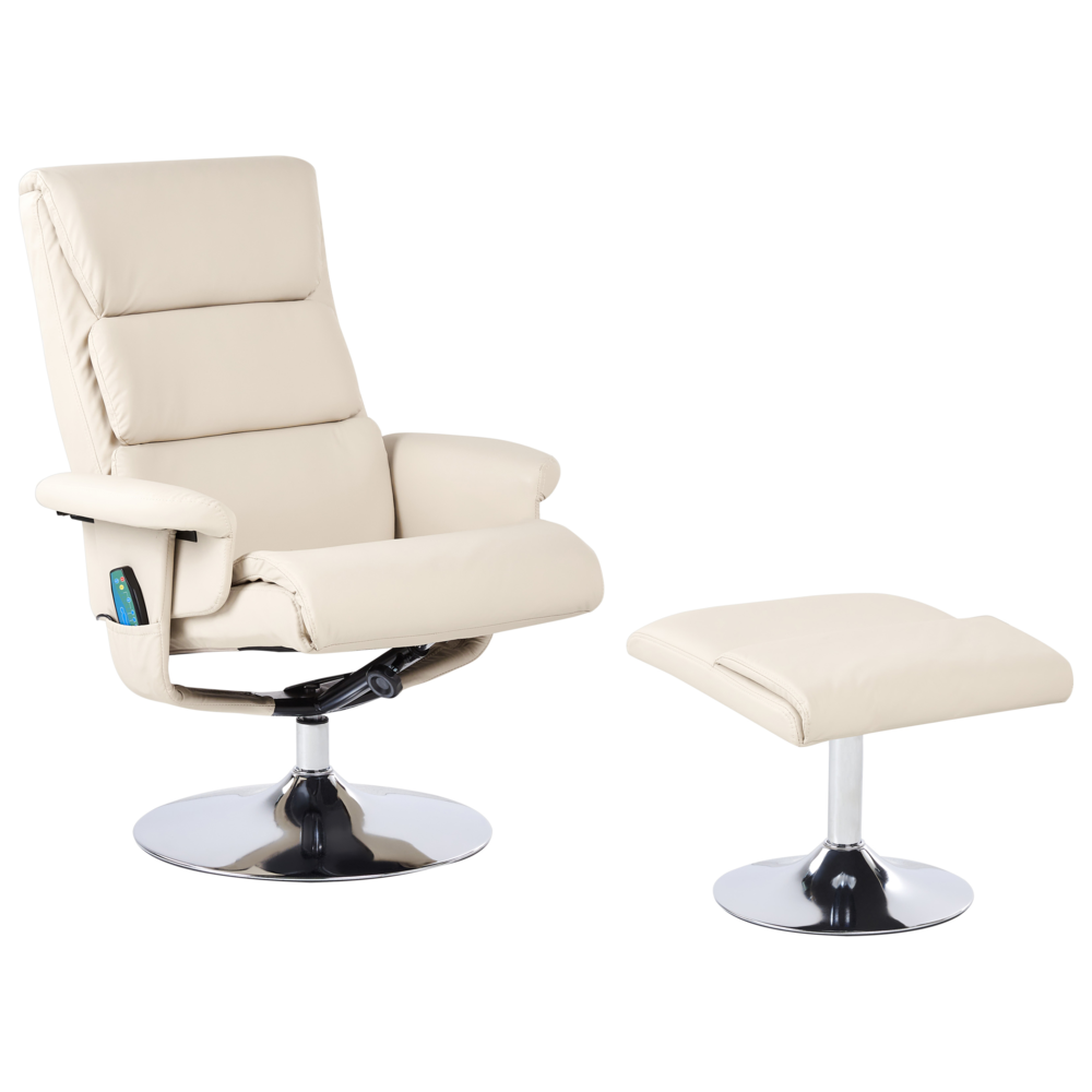 foto del prodotto poltrona reclinabile beige chiaro con poggiapiedi struttura in metallo imbottita in ecopelle funzione massaggio riscaldata design retr 