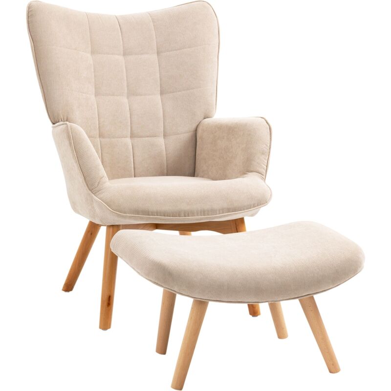 foto del prodotto poltrona relax con pouf poggiapiedi in velluto a costine beige