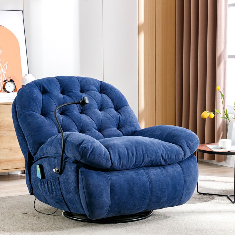 foto del prodotto poltrona relax girevole a 360 in tessuto, poltrona massaggiante elettrica, poltrona lounge con supporto per cellulare, blu