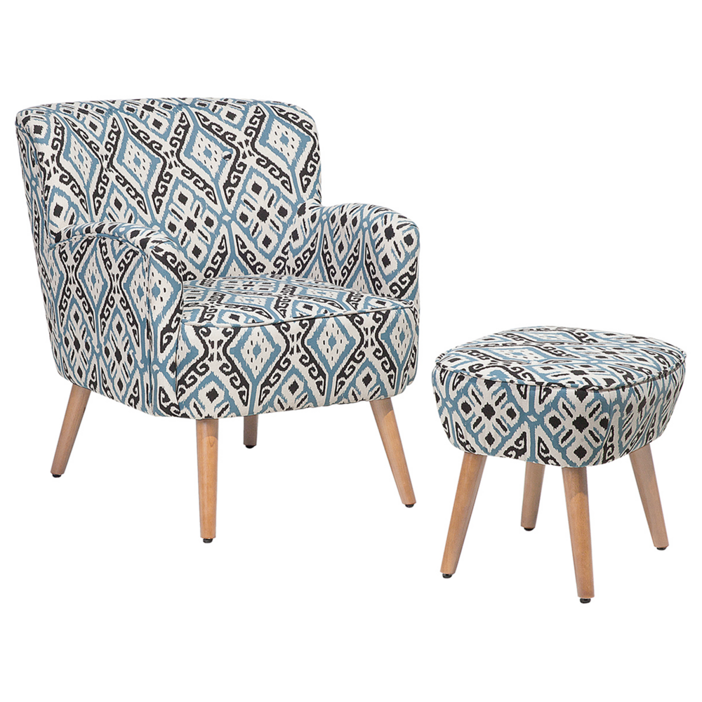 foto del prodotto poltrona rivestimento in tessuto multicolore poggiapiedi gambe in legno motivo retro boho soggiorno