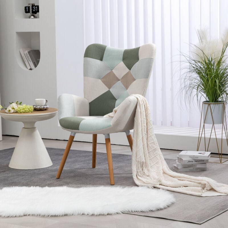 foto del prodotto poltrona scandinava, comoda poltrona in tessuto patchwork acqua con schienale cucito meubles cosy