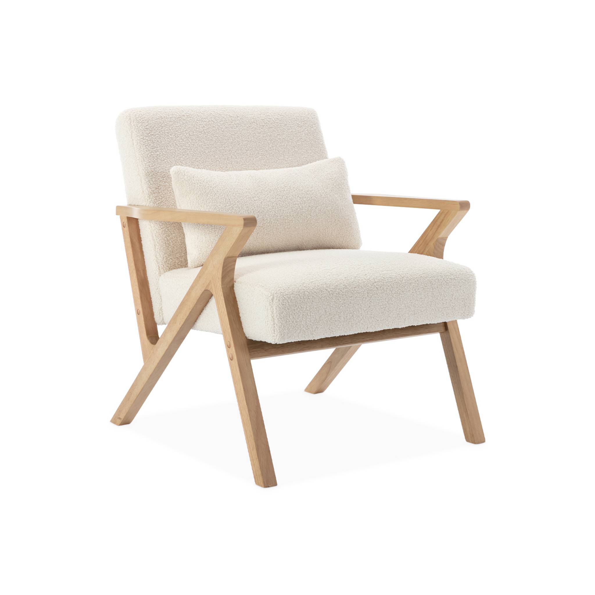 foto del prodotto poltrona scandinava in legno di hevea e boucl , bianco