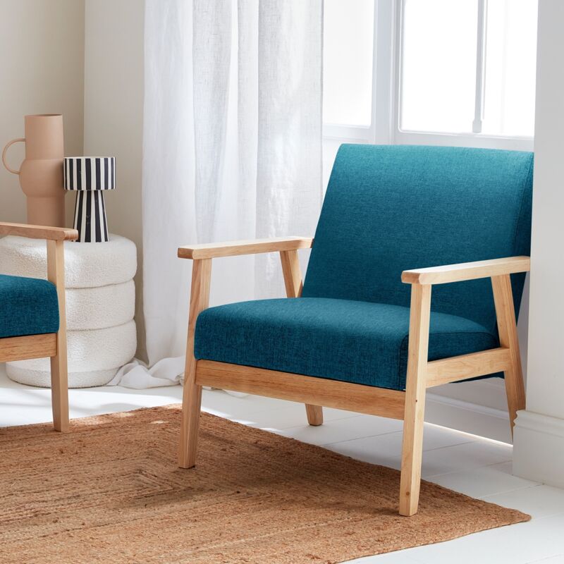 foto del prodotto poltrona scandinava in legno e tessuto, blu smeraldo