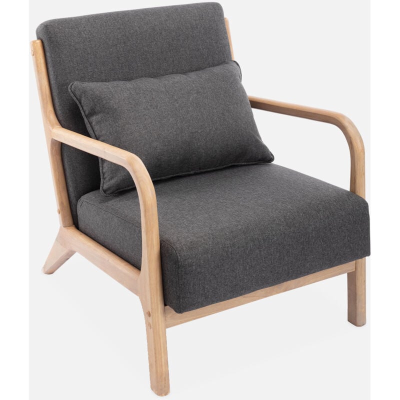 foto del prodotto poltrona scandinava in legno e tessuto con braccioli