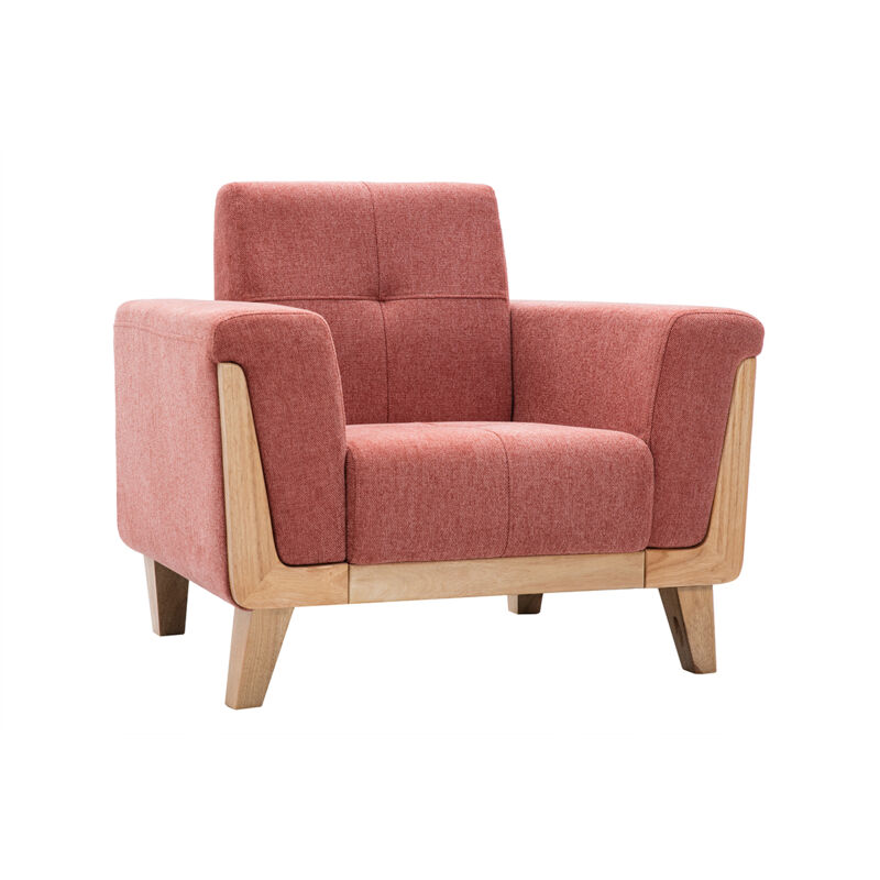 foto del prodotto poltrona scandinava in tessuto color terracotta e legno chiaro fjord
