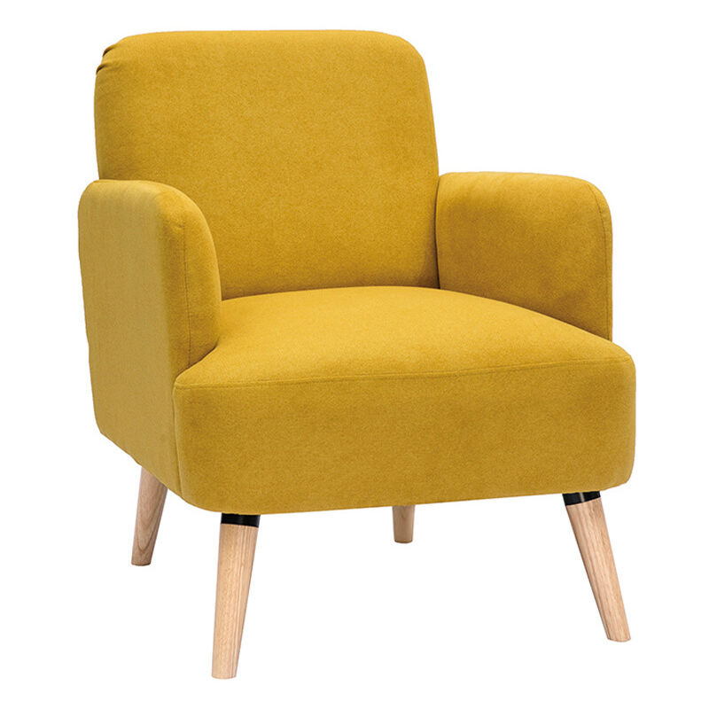 foto del prodotto poltrona scandinava in tessuto effetto velluto testurizzato giallo senape e legno isko
