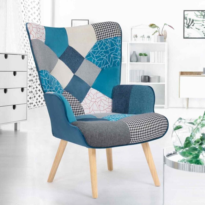foto del prodotto poltrona scandinava ivar in tessuto patchwork e velluto blu