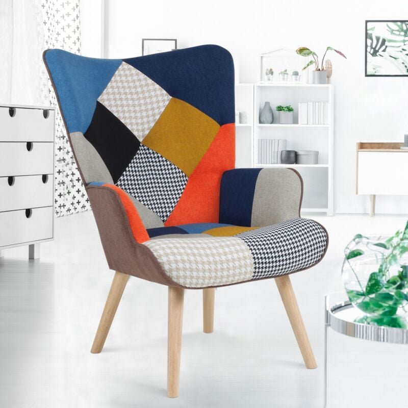 foto del prodotto poltrona scandinava ivar in tessuto patchwork multicolore e stampa pied de poule