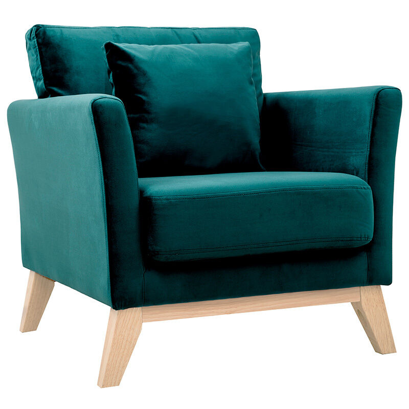 foto del prodotto poltrona scandinava velluto petrolio piedi in legno chiaro oslo