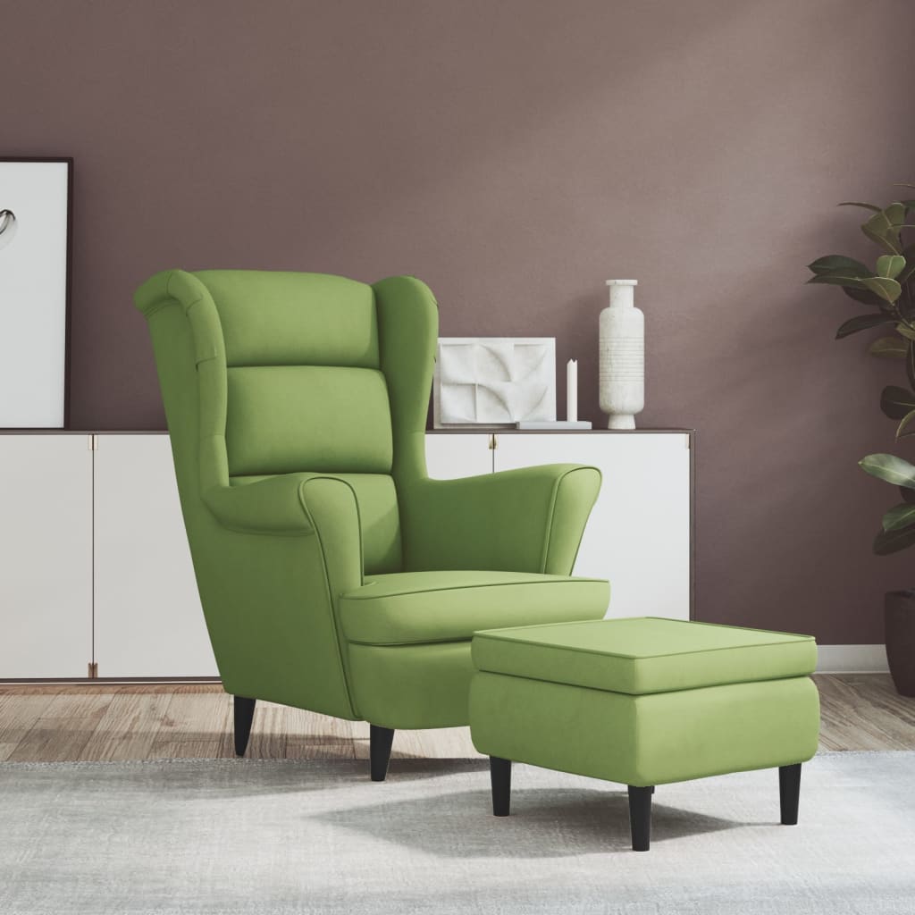 foto del prodotto poltrona schienale ad ala con poggiapiedi verde chiaro velluto cod mxl 60957
