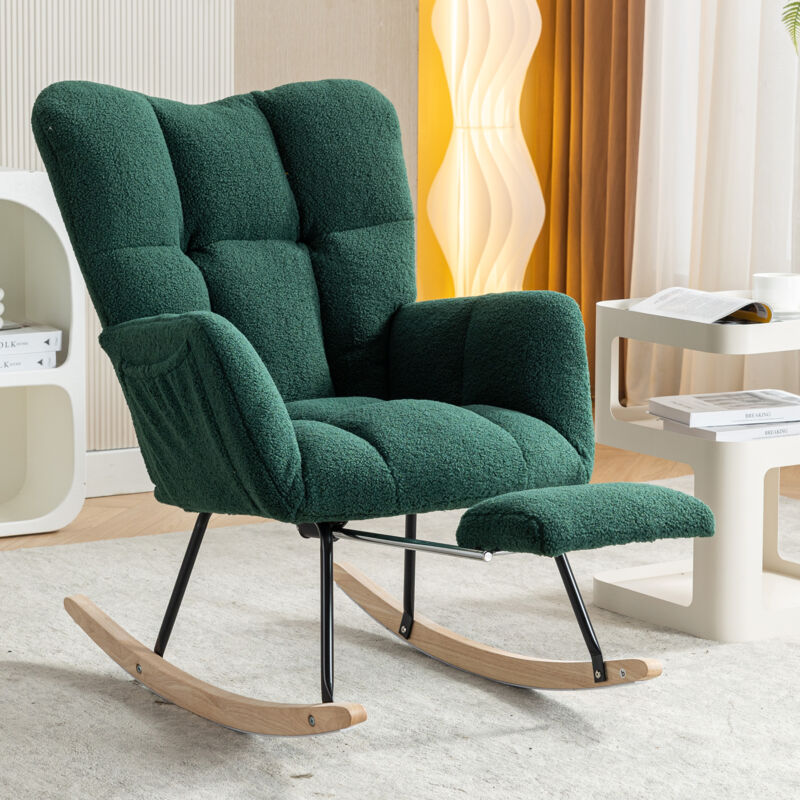 foto del prodotto poltrona, sedia a dondolo con poggiapiedi retrattile, adatta per soggiorno camera da letto studio, velluto teddy, verde