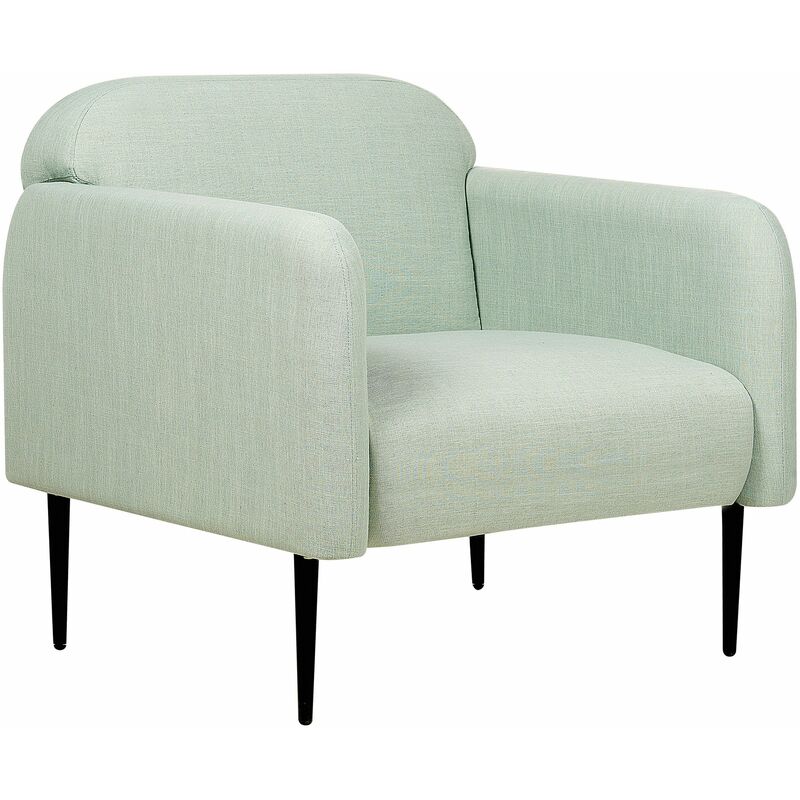 foto del prodotto poltrona sedia retro art deco tessuto lino gambe in metallo soggiorno verde chiaro e nero stouby