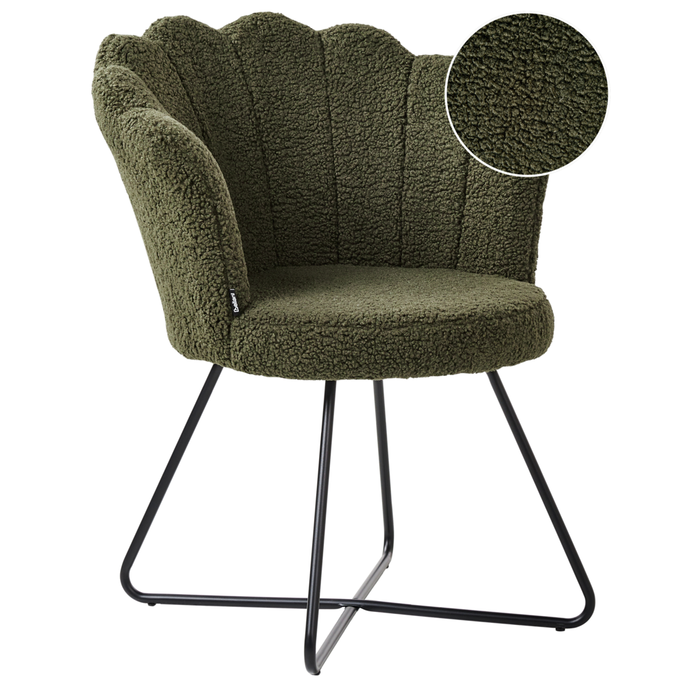 foto del prodotto poltrona senza braccioli rivestimento in boucl verde scuro schienale a conchiglia design classico vintage struttura in metallo nero
