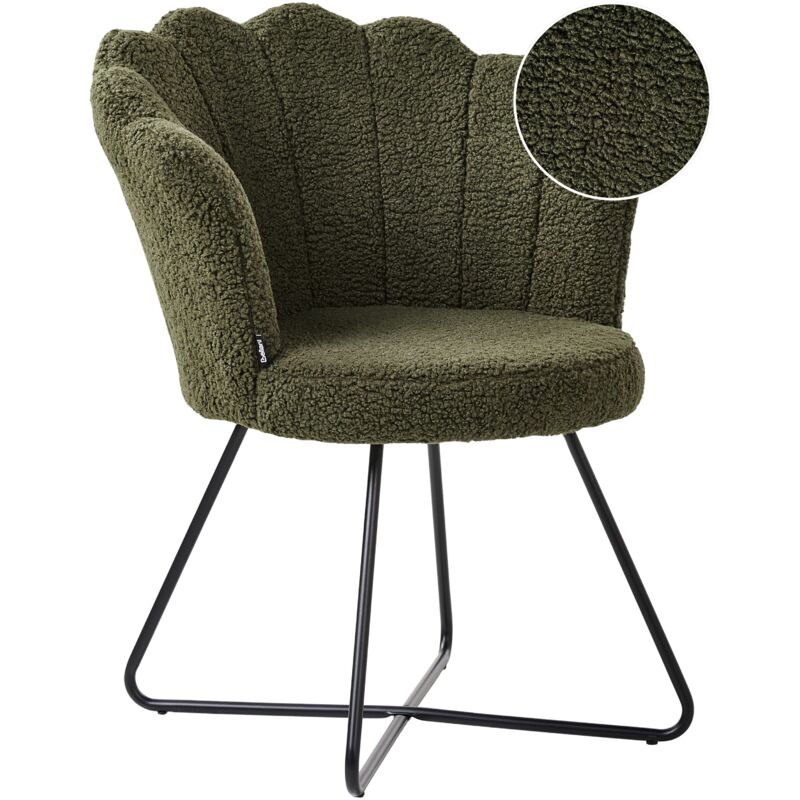 foto del prodotto poltrona senza braccioli seduta rotonda struttura in metallo schienale a conchiglia design vintage rivestimento in boucle verde scuro lovelock