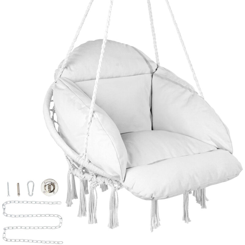 foto del prodotto poltrona sospesa, 120kg, poltrona sospesa girevole in macrame, cuscino, materiali montaggio, corda di cotone, poltrona relax con frange, per camera