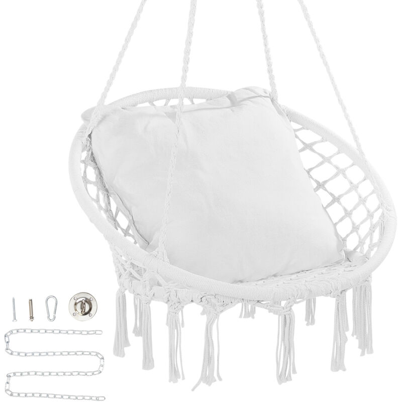 foto del prodotto poltrona sospesa, 150 kg, poltrona sospesa girevole in macrame, cuscino, materiali di montaggio, corda di cotone, poltrona relax con frange,