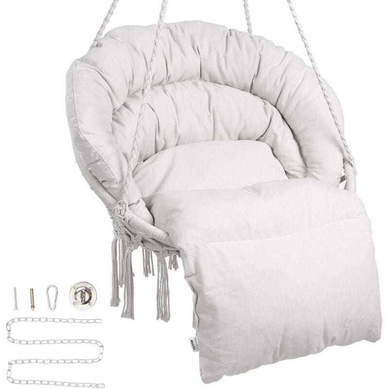 foto del prodotto poltrona sospesa, 150 kg, poltrona sospesa girevole in macrame, cuscino, materiali di montaggio, corda di cotone, poltrona relax con frange, da