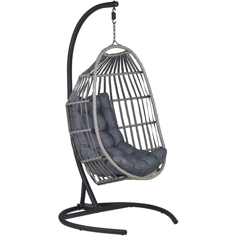 foto del prodotto poltrona sospesa con piedistallo in rattan grigio scuro stile boho moderno