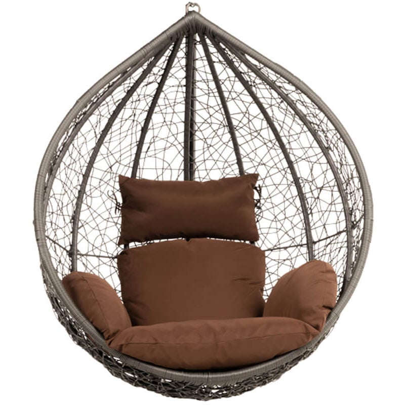 foto del prodotto poltrona sospesa in polyrattan cielo colore marrone, attrezzatura cestino e cuscino home deluxe