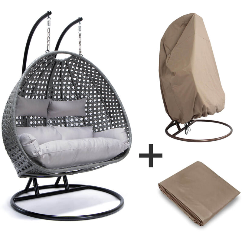 foto del prodotto poltrona sospesa in polyrattan con parapioggia twin colore grigio, caratteristiche con copertura antipioggia home deluxe