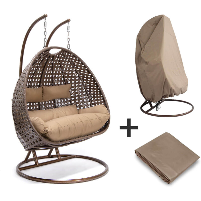 foto del prodotto poltrona sospesa in polyrattan con parapioggia twin colore marrone, caratteristiche inclusa copertura antipioggia home deluxe