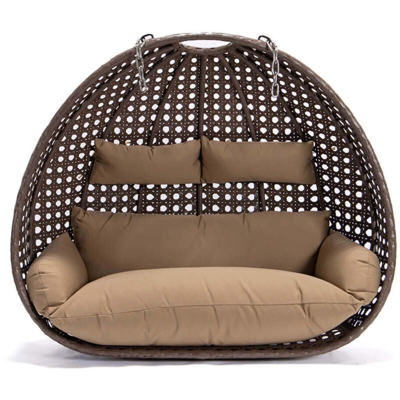 foto del prodotto poltrona sospesa in polyrattan twin colore marrone, attrezzatura cestino e cuscino home deluxe