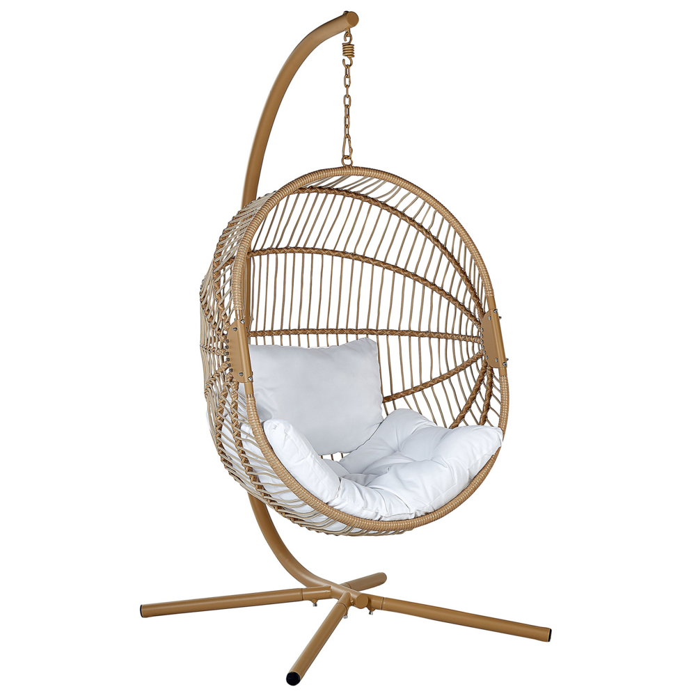 foto del prodotto poltrona sospesa in rattan naturale con base in metallo da interno e da esterno stile boho