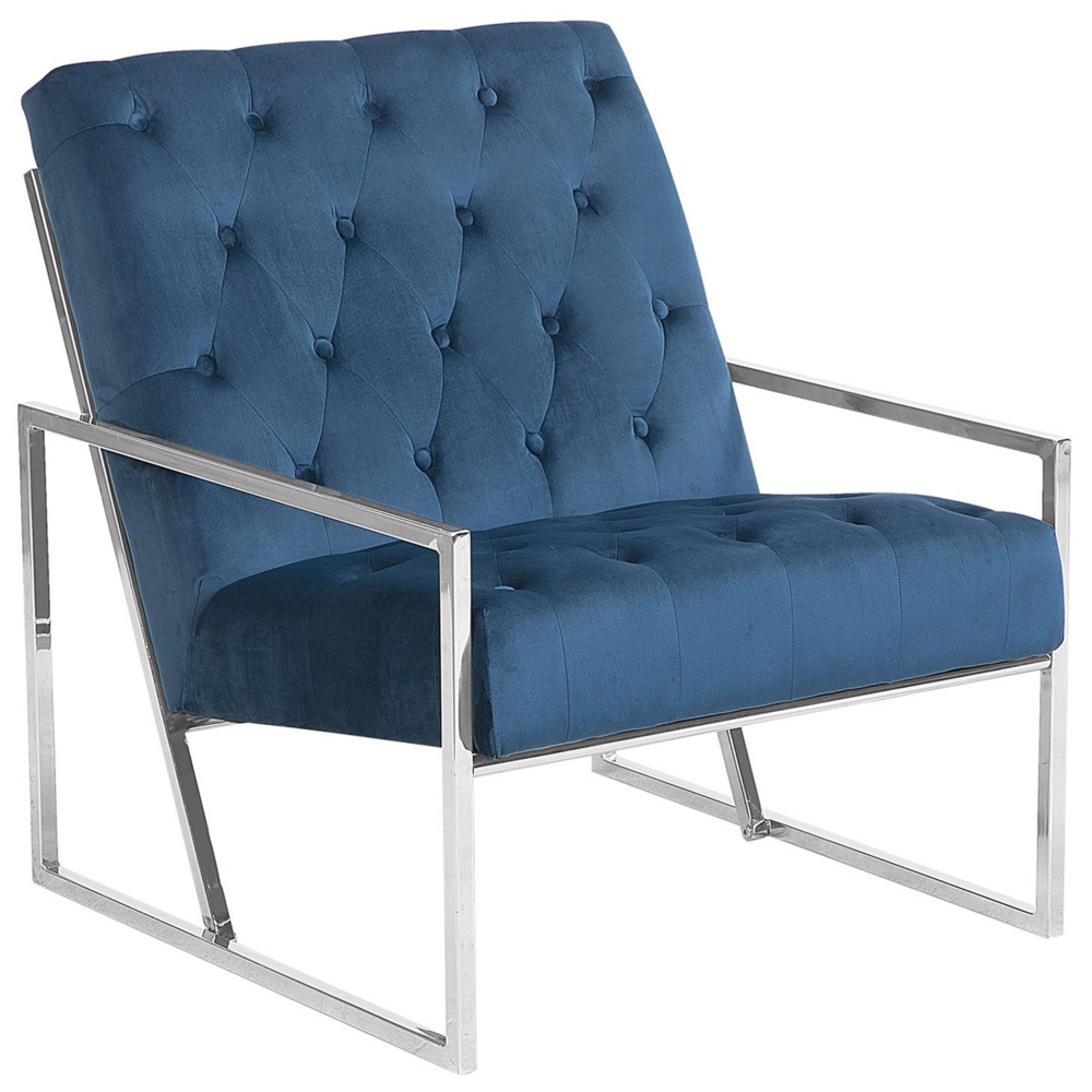 foto del prodotto poltrona velluto blu 83l x 69w x 83h bottone capitonn schienale struttura in metallo modern glam