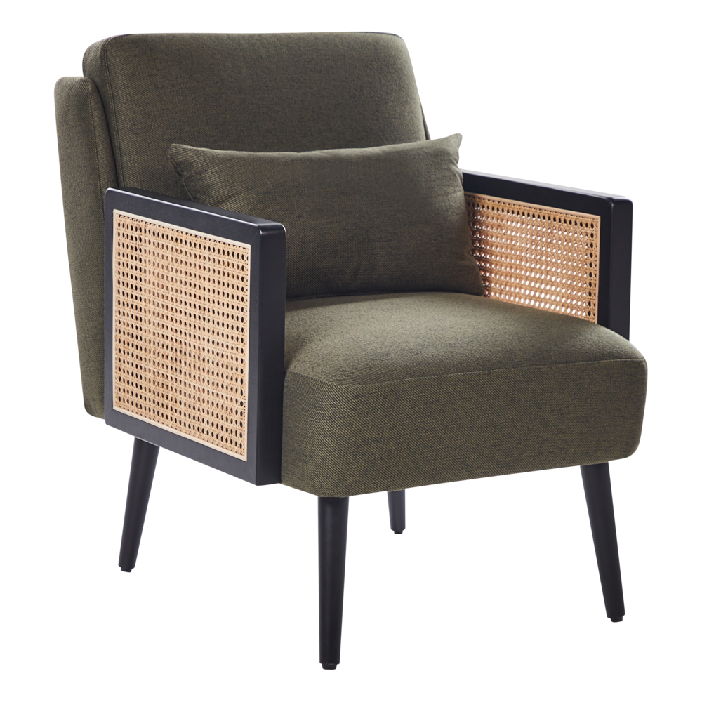 foto del prodotto poltrona verde con telaio nero struttura in legno poliestere con intreccio in rattan gambe in legno tappi per gambe in plastica con cuscino stile tradizionale soggiorno camera da letto