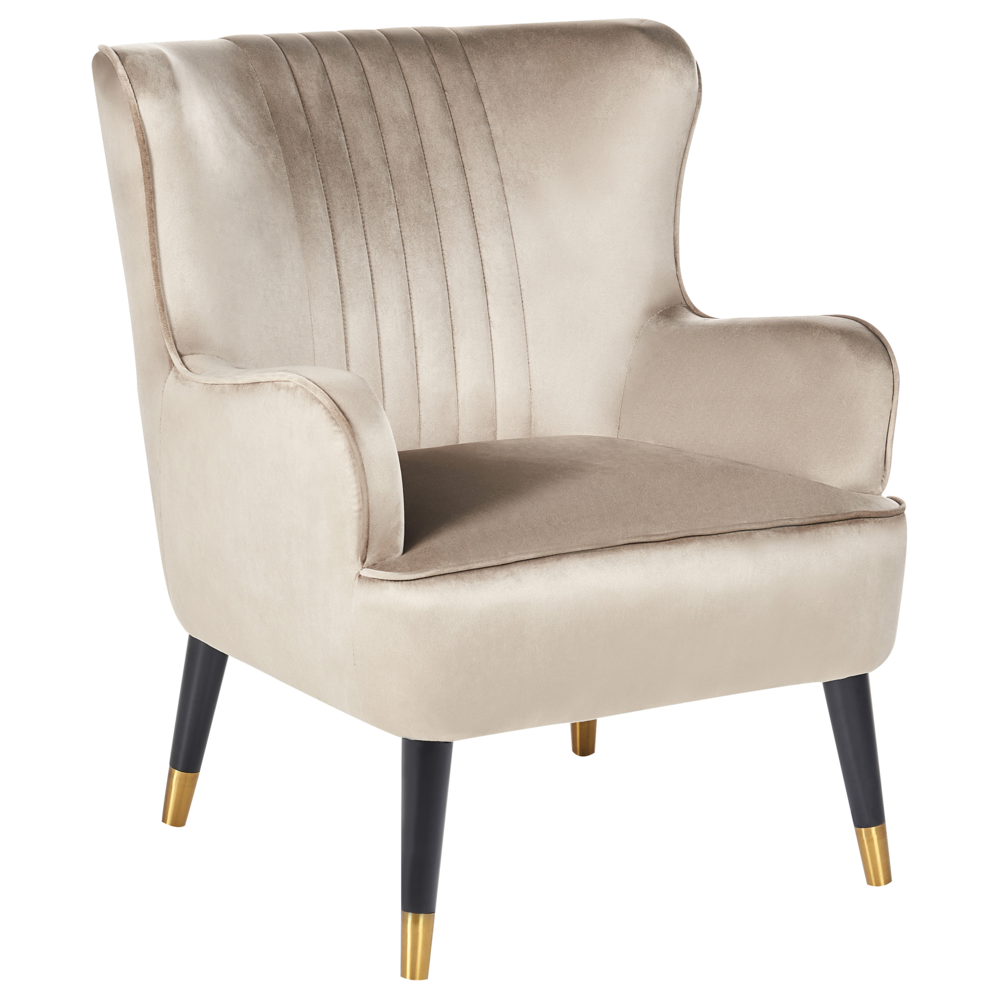 foto del prodotto poltrona wingback velluto beige imbottito gambe nere design affascinante