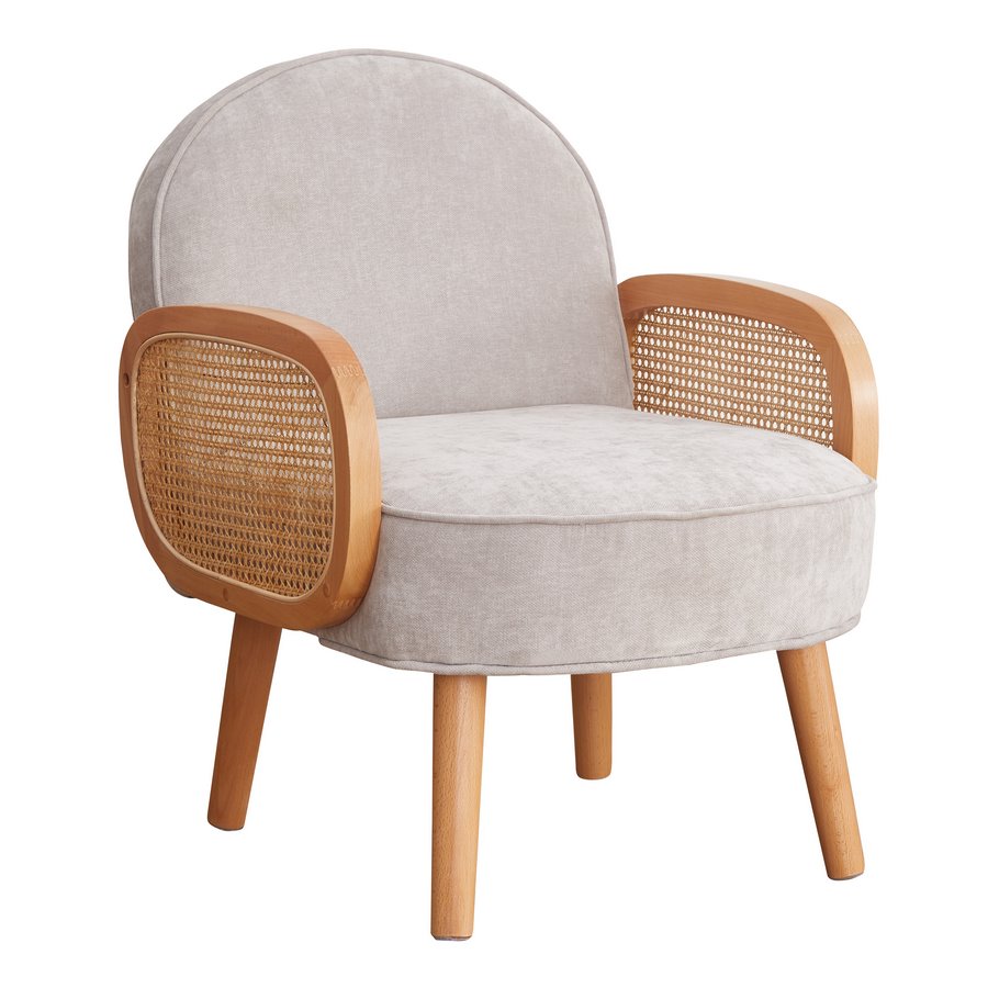 foto del prodotto poltroncina design in tessuto grigio chiaro modello doris