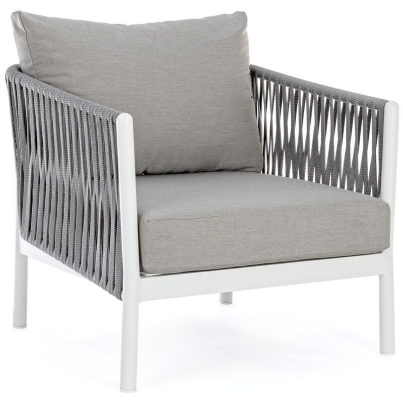 foto del prodotto poltroncina florencia con braccioli e cuscino, struttura in alluminio, intreccio con corde, 60 cm bianco