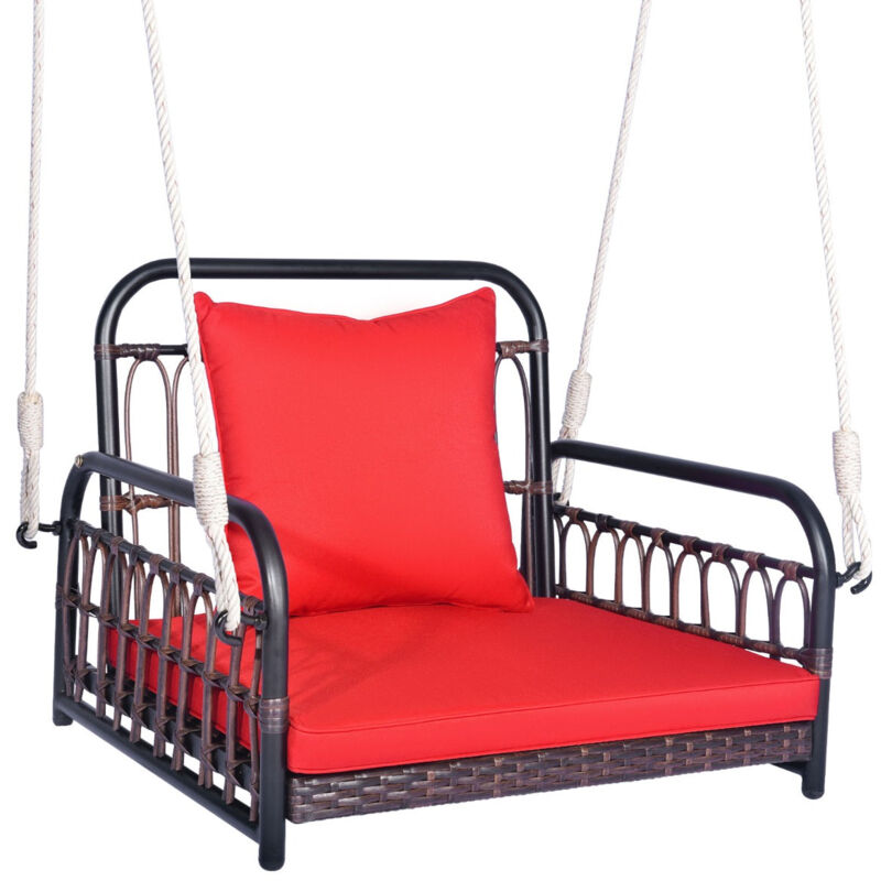 foto del prodotto poltroncina sospesa in pe rattan 2 corde di sospensione ganci struttura in metallo cuscini veranda giardino rosso