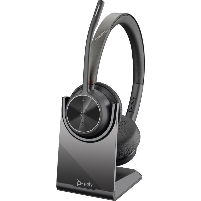 foto del prodotto poly cuffia voyager 4320 m con certificazione microsoft teams dongle bt700 base di ricarica de